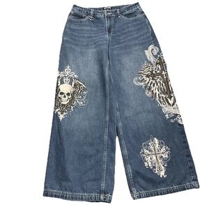 Hot Topic Jeans Girls 5 Blue Denim Skull Gothic Cross Cotton Stretch Wide Leg